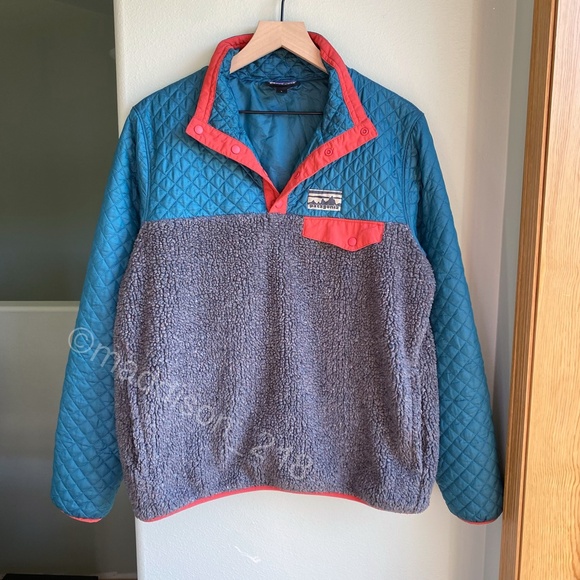 Patagonia Mixed Media Snap-T Pullover Large Crater Blue Sherpa Quilted Jacket L - Picture 8 of 16